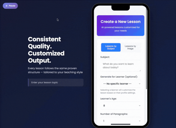 A complete Adaptiverse lesson showing scaffolded content, customized reading level, and personalized question types generated from a learner profile