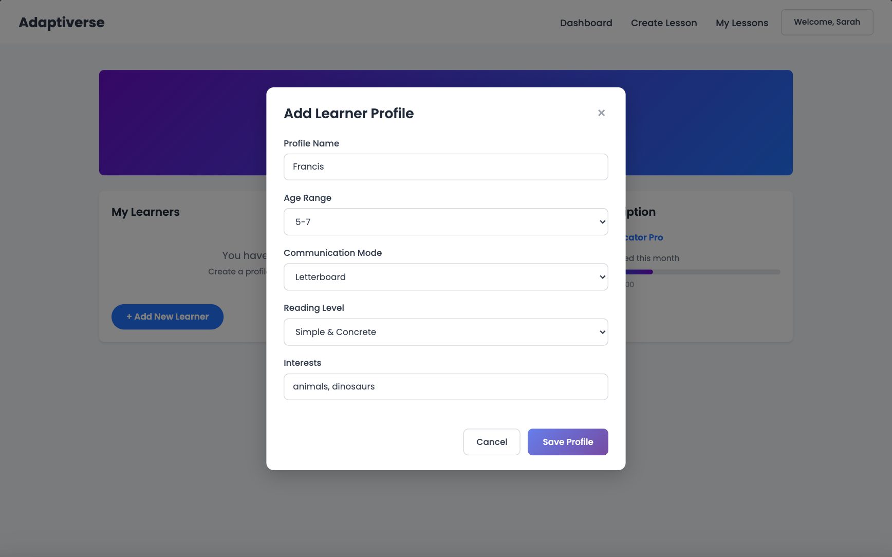 Add New Learner modal showing form sections