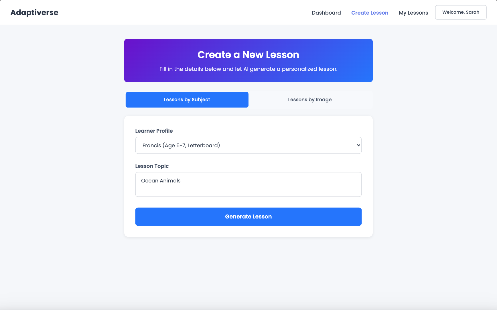 Lesson generator with the learner dropdown visible
