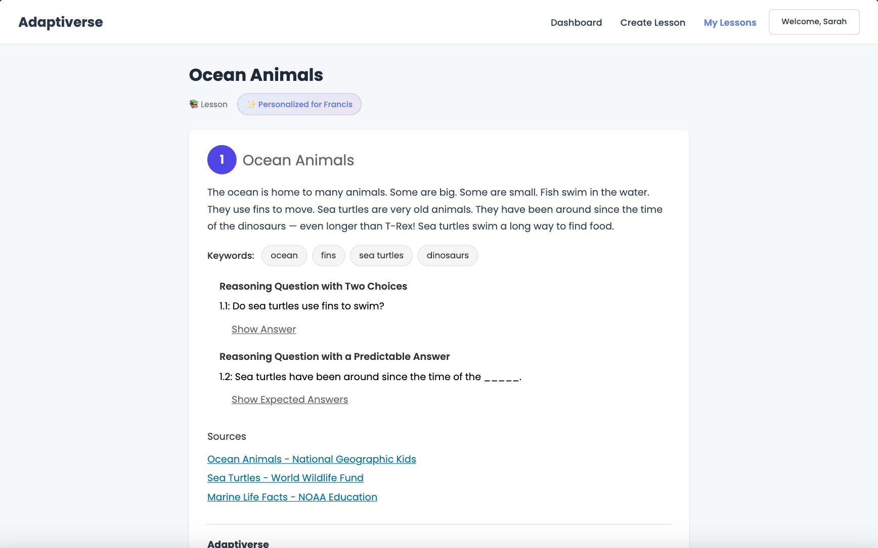 Adaptiverse lesson output — scaffolded content customized from a learner profile